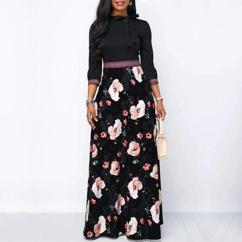 FashionSierra - Women Long Maxi Dresses Boho Floral Hollow Neck Three Quarter Sleeve Ethnic Summer Beach Female Stylish Style Dress