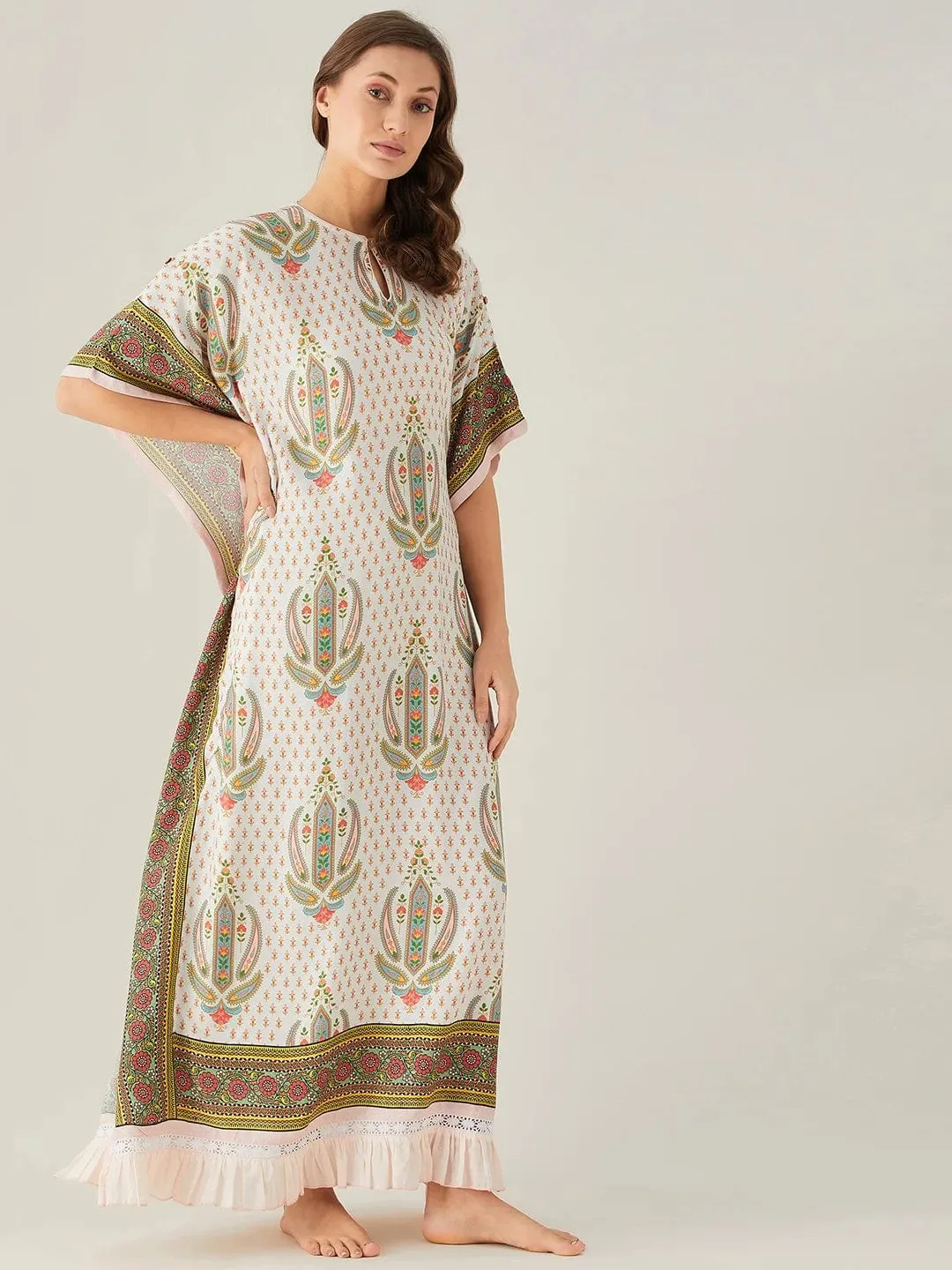 Floral Block and Border Maxi Kaftan with Frill Hem