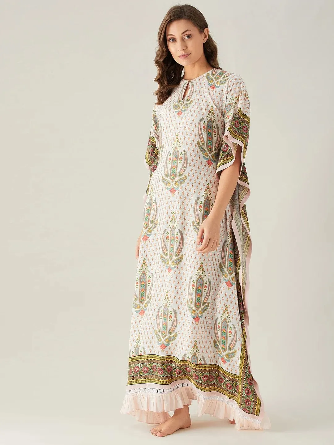 Floral Block and Border Maxi Kaftan with Frill Hem