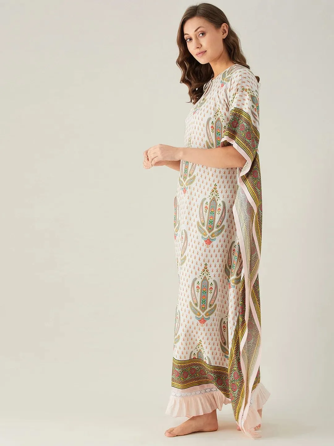 Floral Block and Border Maxi Kaftan with Frill Hem