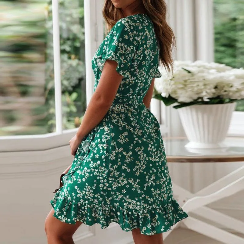 Floral Print Boho Ruffle Sleeve Dress