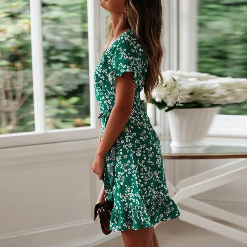 Floral Print Boho Ruffle Sleeve Dress