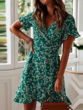 Floral Print Boho Ruffle Sleeve Dress