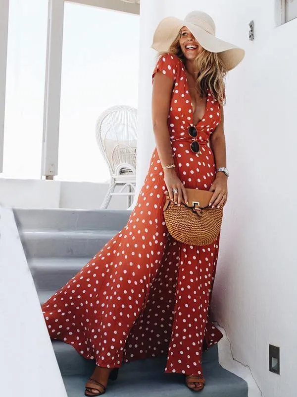 Floral V Neck Split Front Dot Maxi Dress