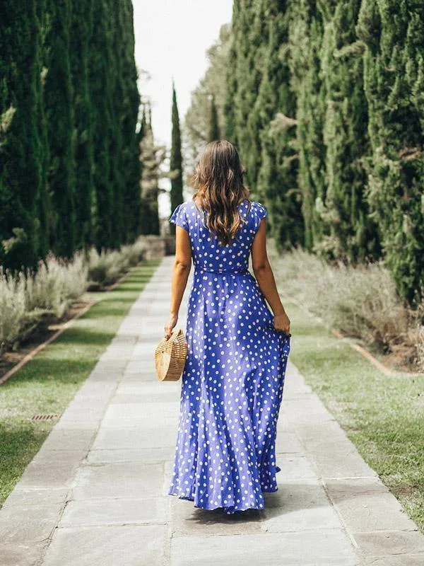 Floral V Neck Split Front Dot Maxi Dress