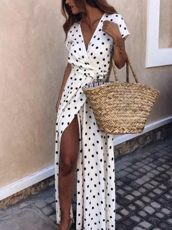 Floral V Neck Split Front Dot Maxi Dress