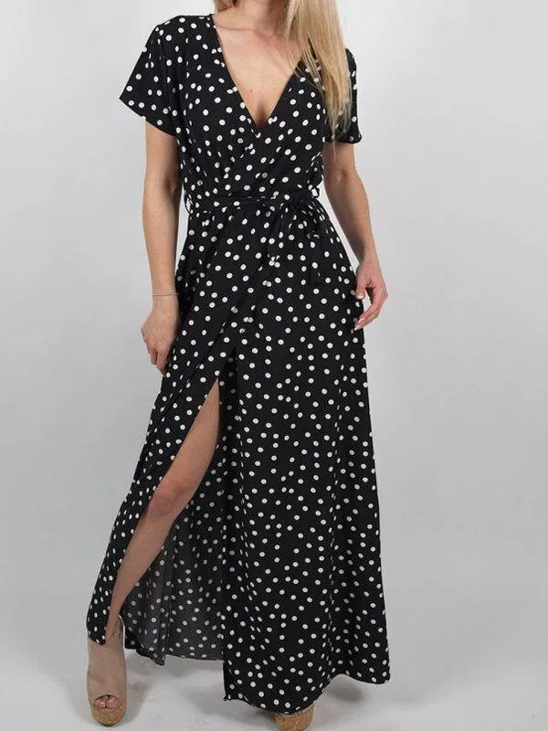 Floral V Neck Split Front Dot Maxi Dress