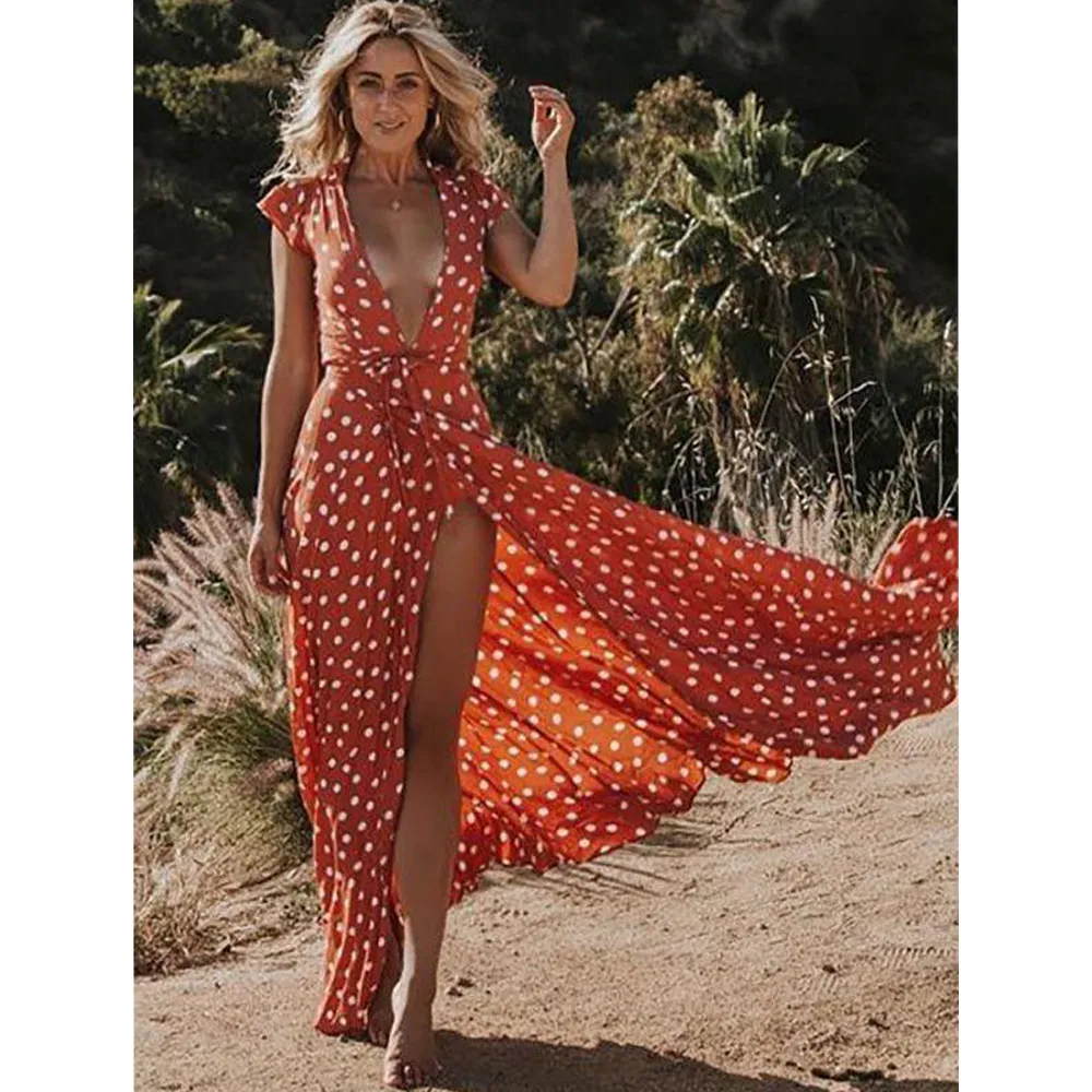 Floral V Neck Split Front Dot Maxi Dress