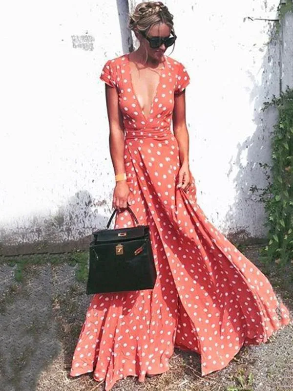 Floral V Neck Split Front Dot Maxi Dress