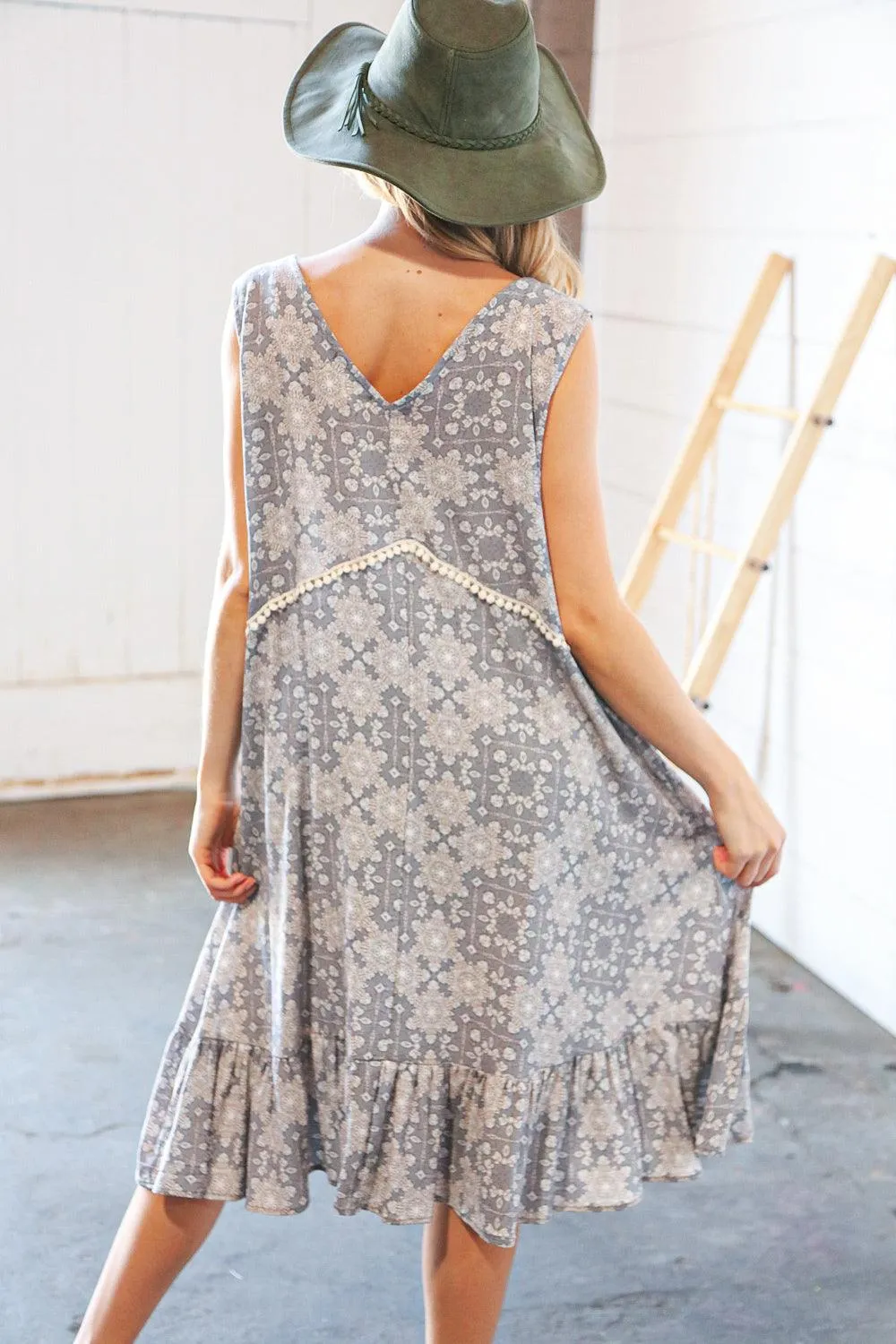 Grey Boho Crochet Lace V Neck Hi Lo Ruffle Hem Dress