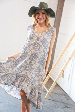 Grey Boho Crochet Lace V Neck Hi Lo Ruffle Hem Dress