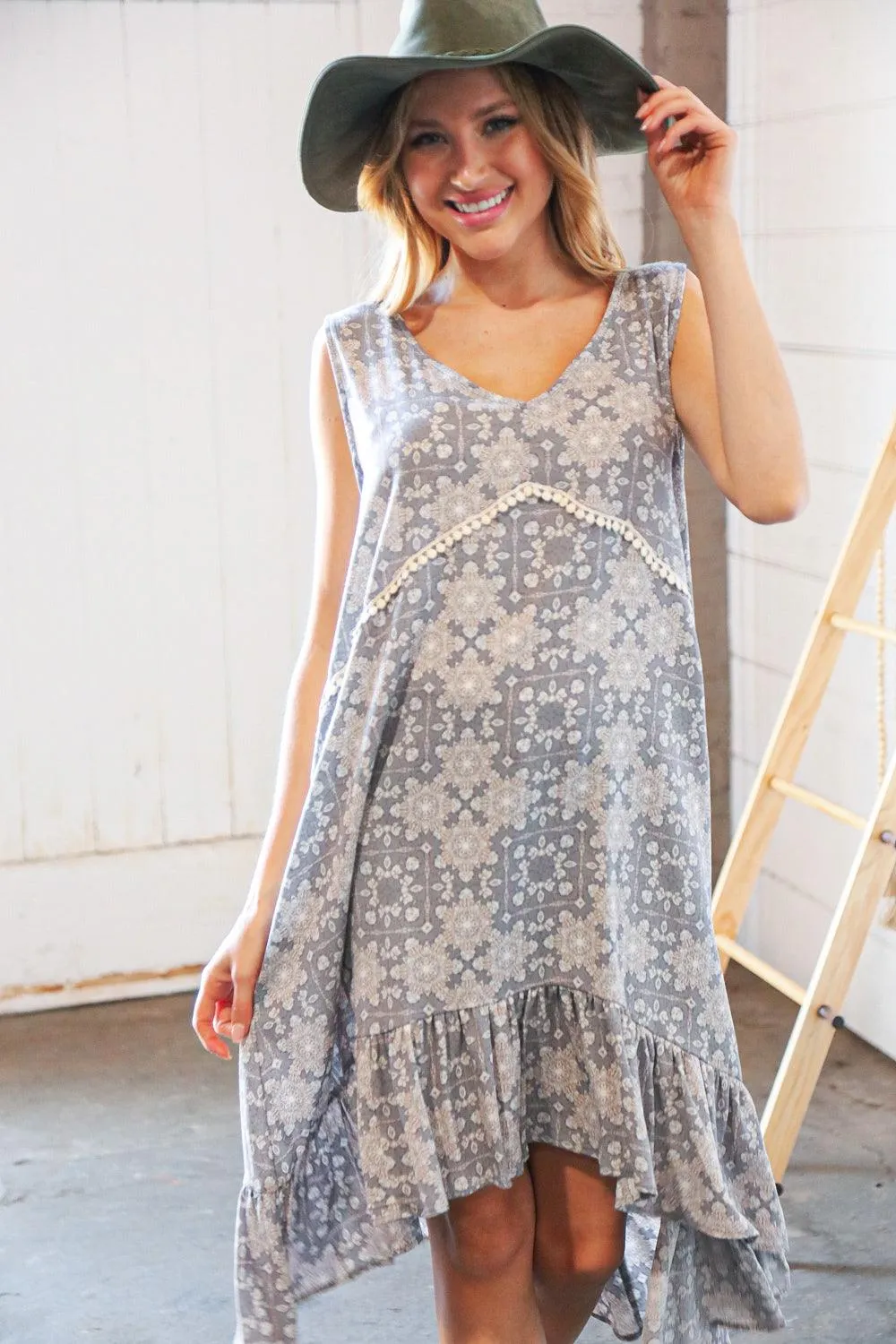 Grey Boho Crochet Lace V Neck Hi Lo Ruffle Hem Dress