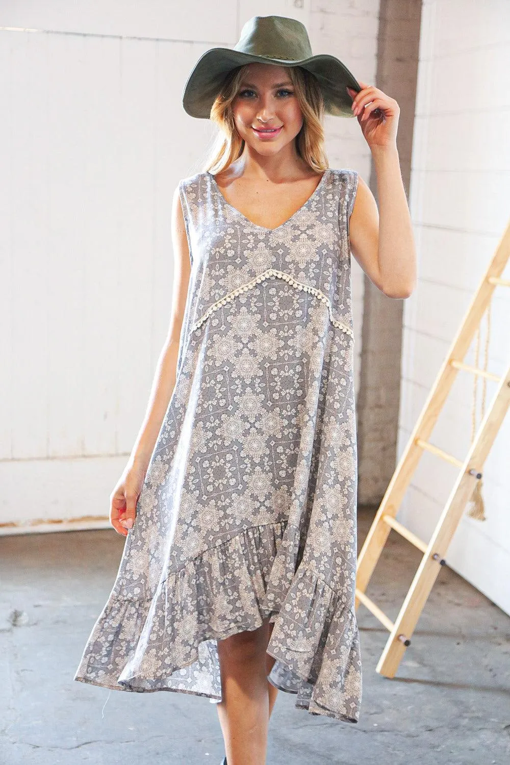 Grey Boho Crochet Lace V Neck Hi Lo Ruffle Hem Dress