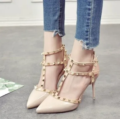 Hot Studded Pointed Toe Strappy Stiletto Shoes