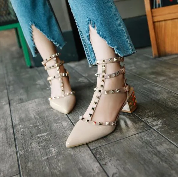 Hot Studded Pointed Toe Strappy Stiletto Shoes