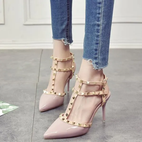 Hot Studded Pointed Toe Strappy Stiletto Shoes