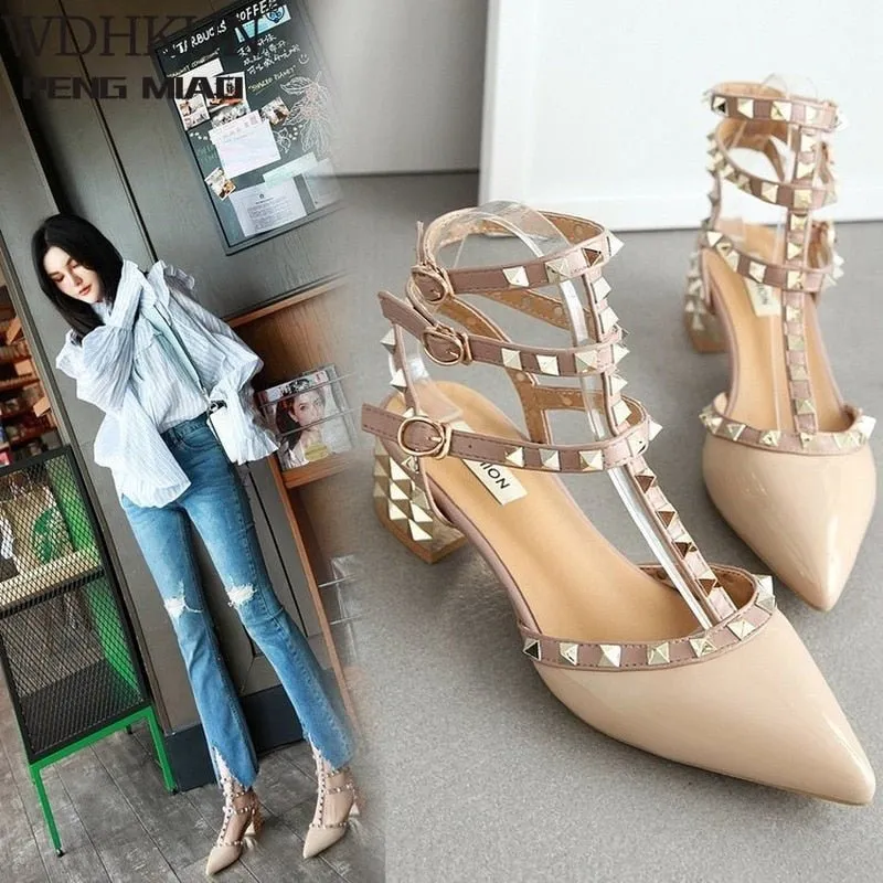 Hot Studded Pointed Toe Strappy Stiletto Shoes