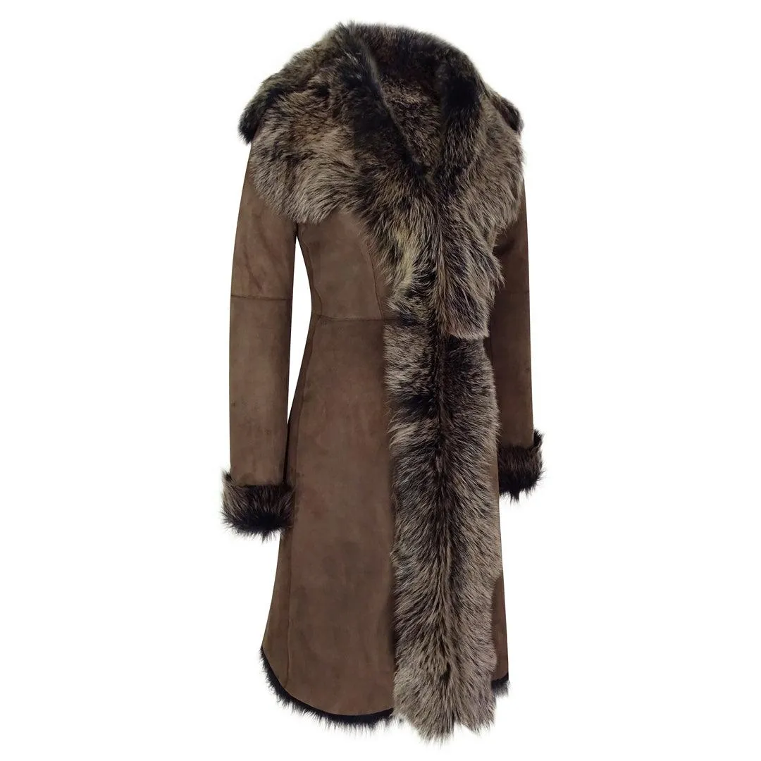 Ladies Women Gold Brown 3/4 Length Warm Luxury Toscana Sheepskin Coat