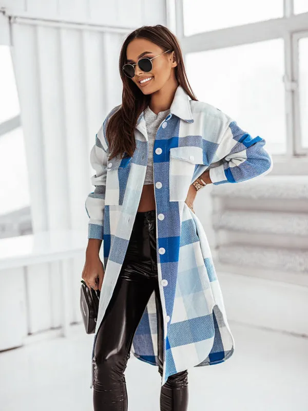 Longline Shacket Windbreaker - Mid-Length Fall Plaid Wool Jacket