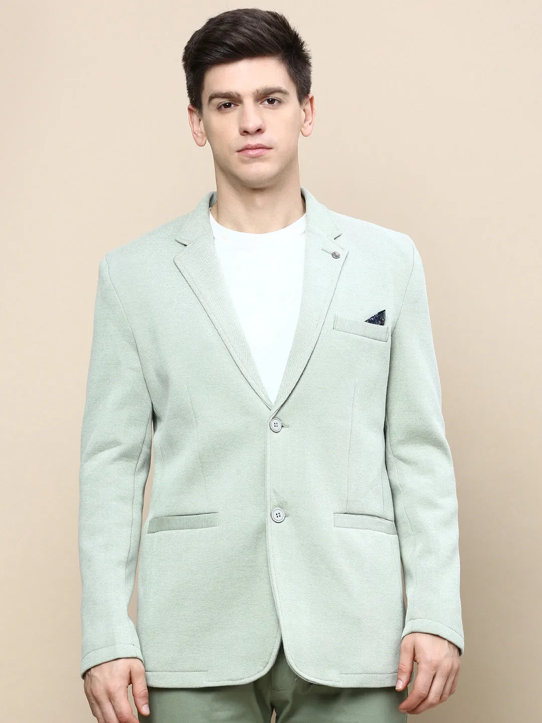 Men Green Solid Casual Blazers