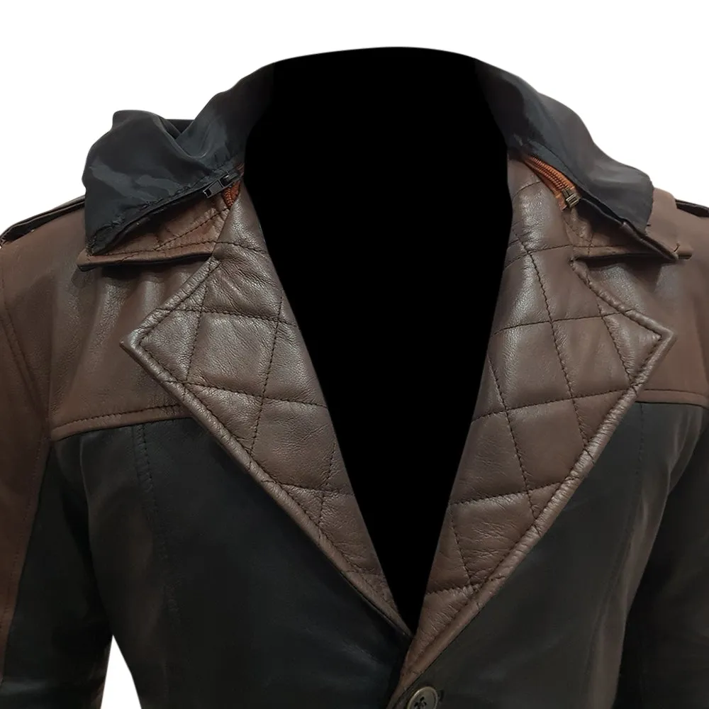 Mens Fashion Brown and Black Dorian Hoodie Creed Leather Coat