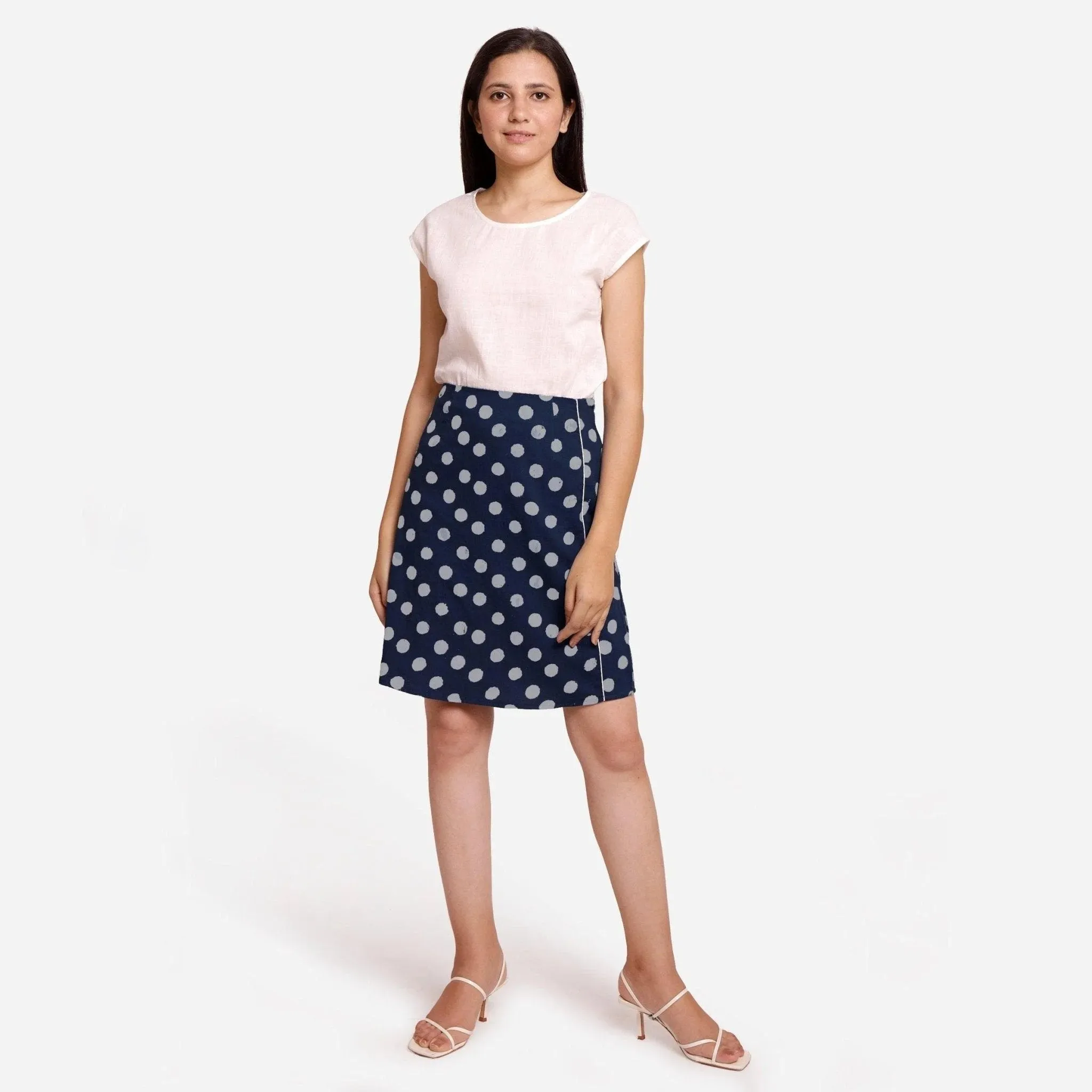 Polka Dot Block Printed Cotton Pencil Short Skirt