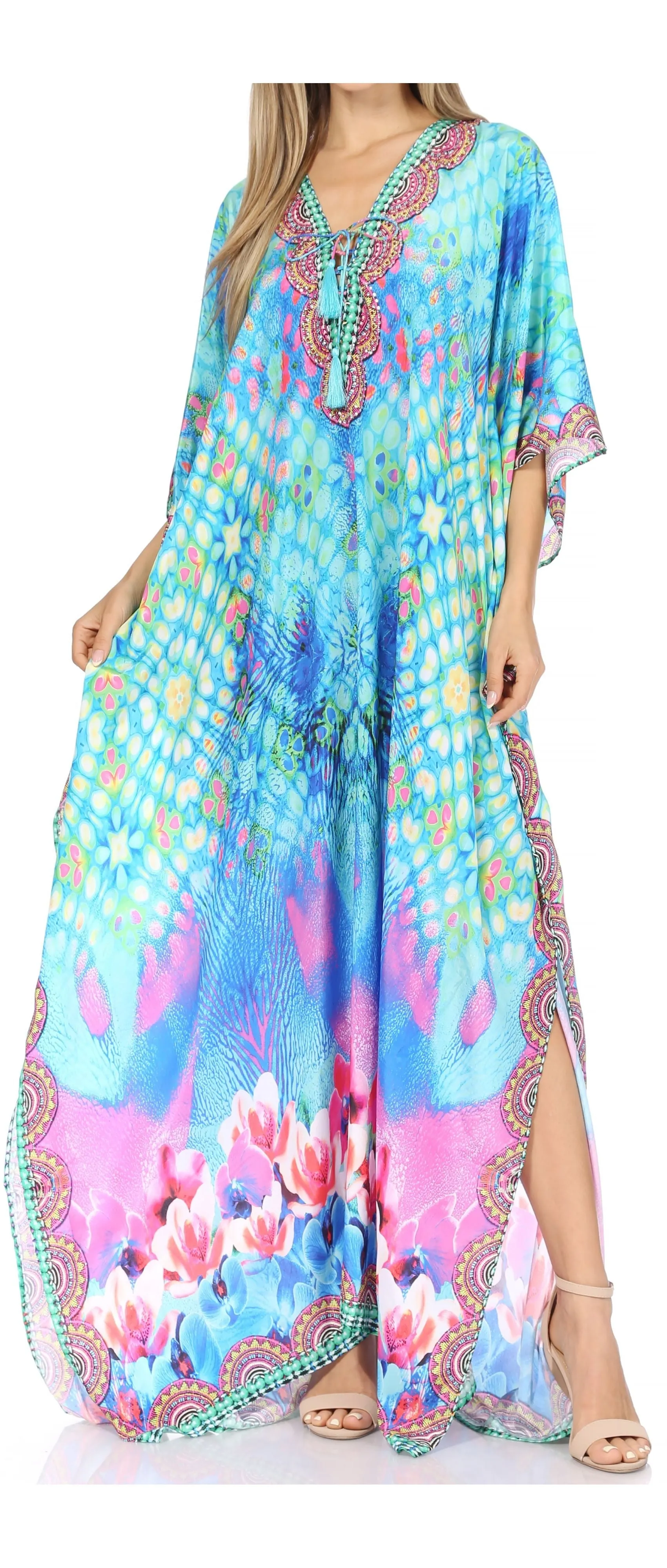 Sakkas Georgettina Flowy Rhinestone V Neck Long Caftan Dress/Cover Up