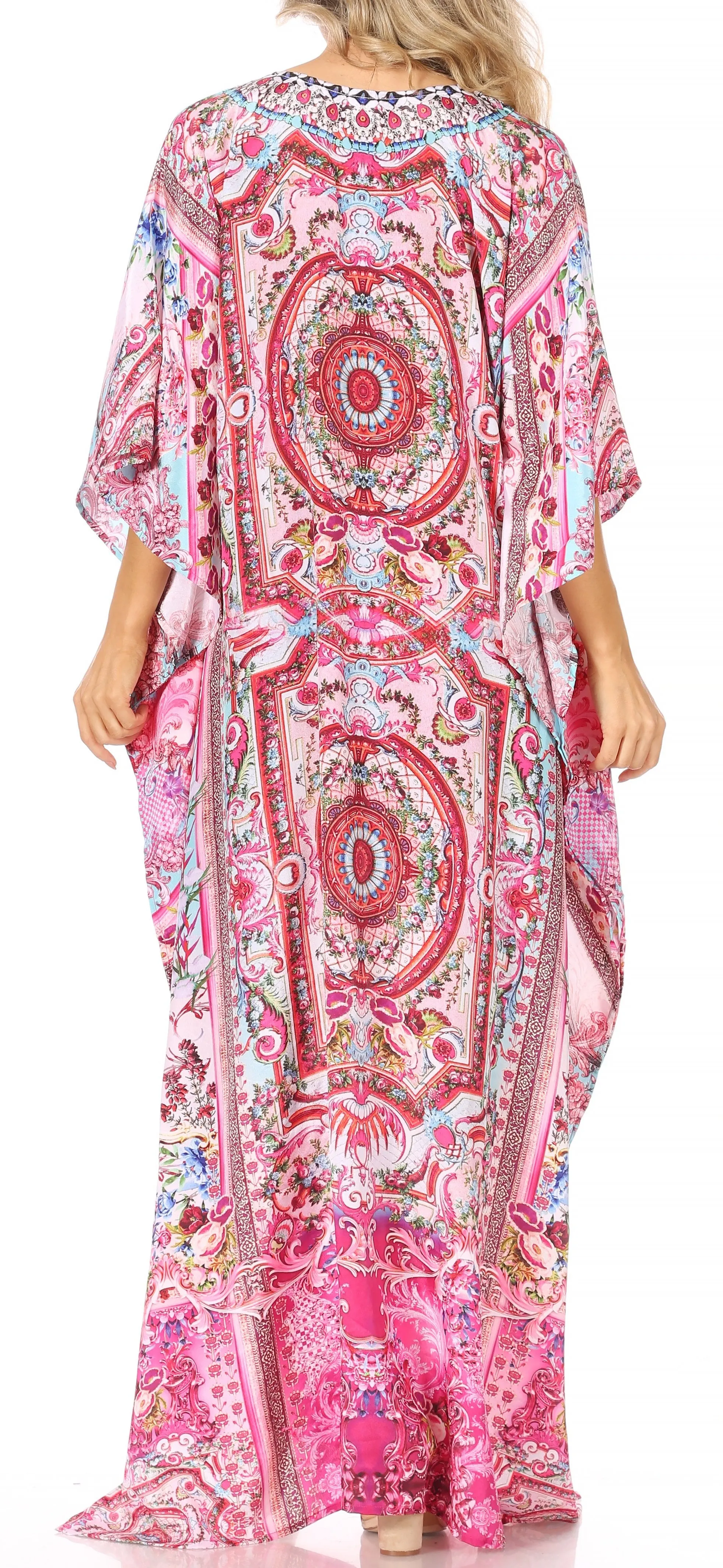 Sakkas Georgettina Flowy Rhinestone V Neck Long Caftan Dress/Cover Up