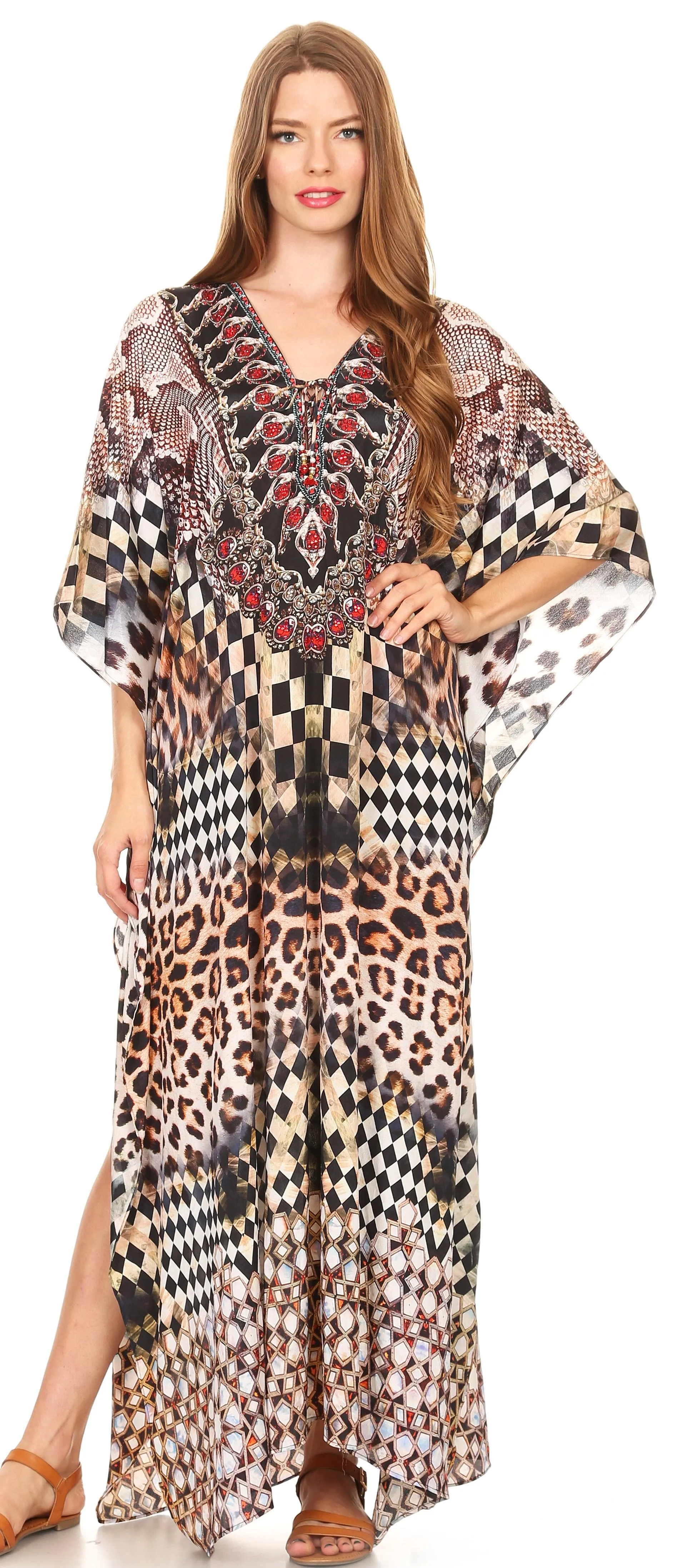 Sakkas Georgettina Flowy Rhinestone V Neck Long Caftan Dress/Cover Up