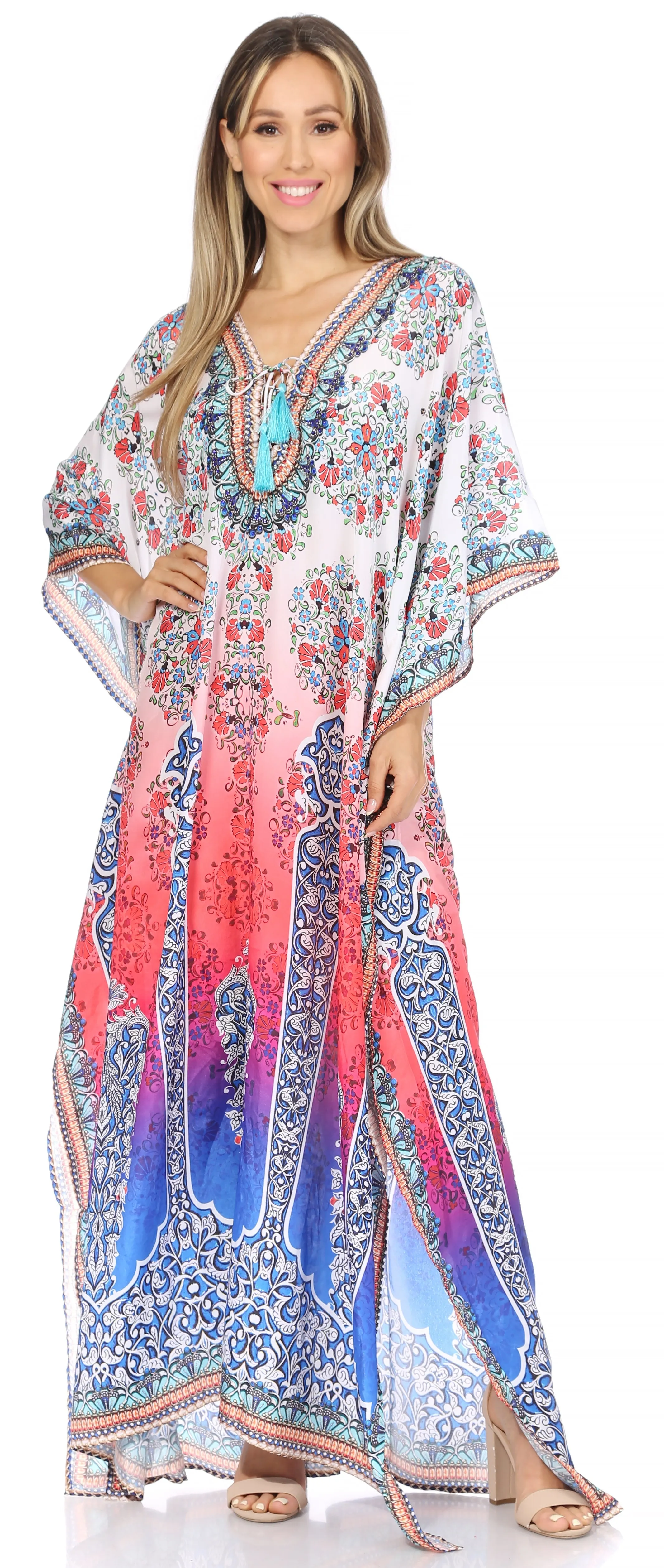 Sakkas Georgettina Flowy Rhinestone V Neck Long Caftan Dress/Cover Up