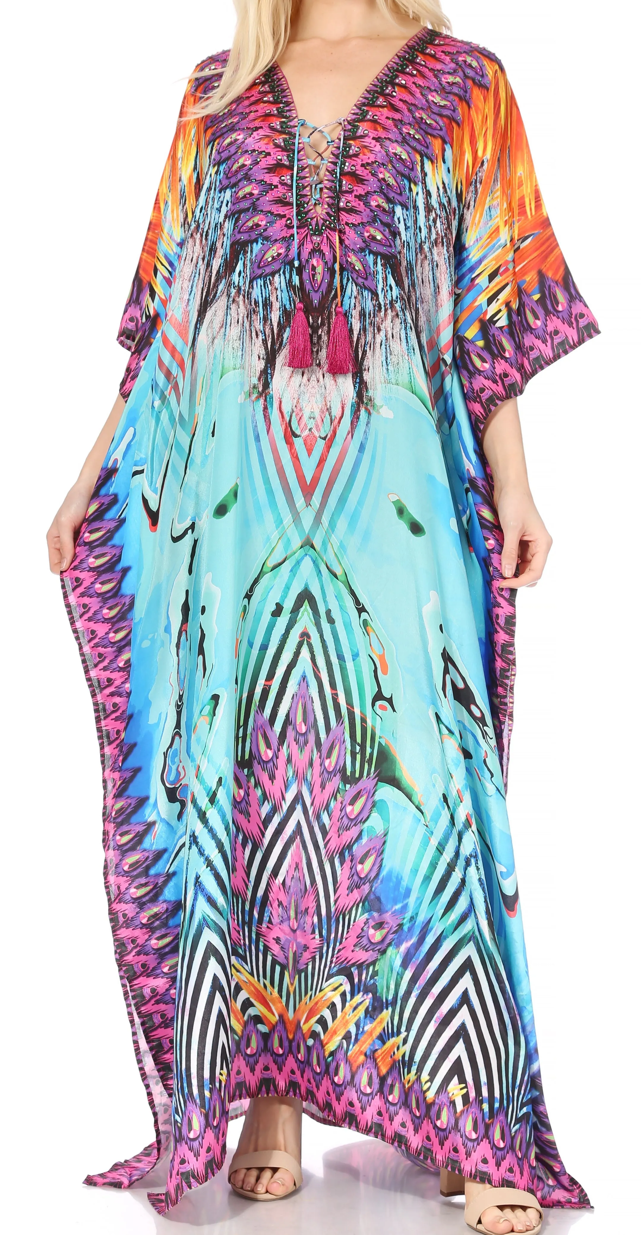 Sakkas Georgettina Flowy Rhinestone V Neck Long Caftan Dress/Cover Up