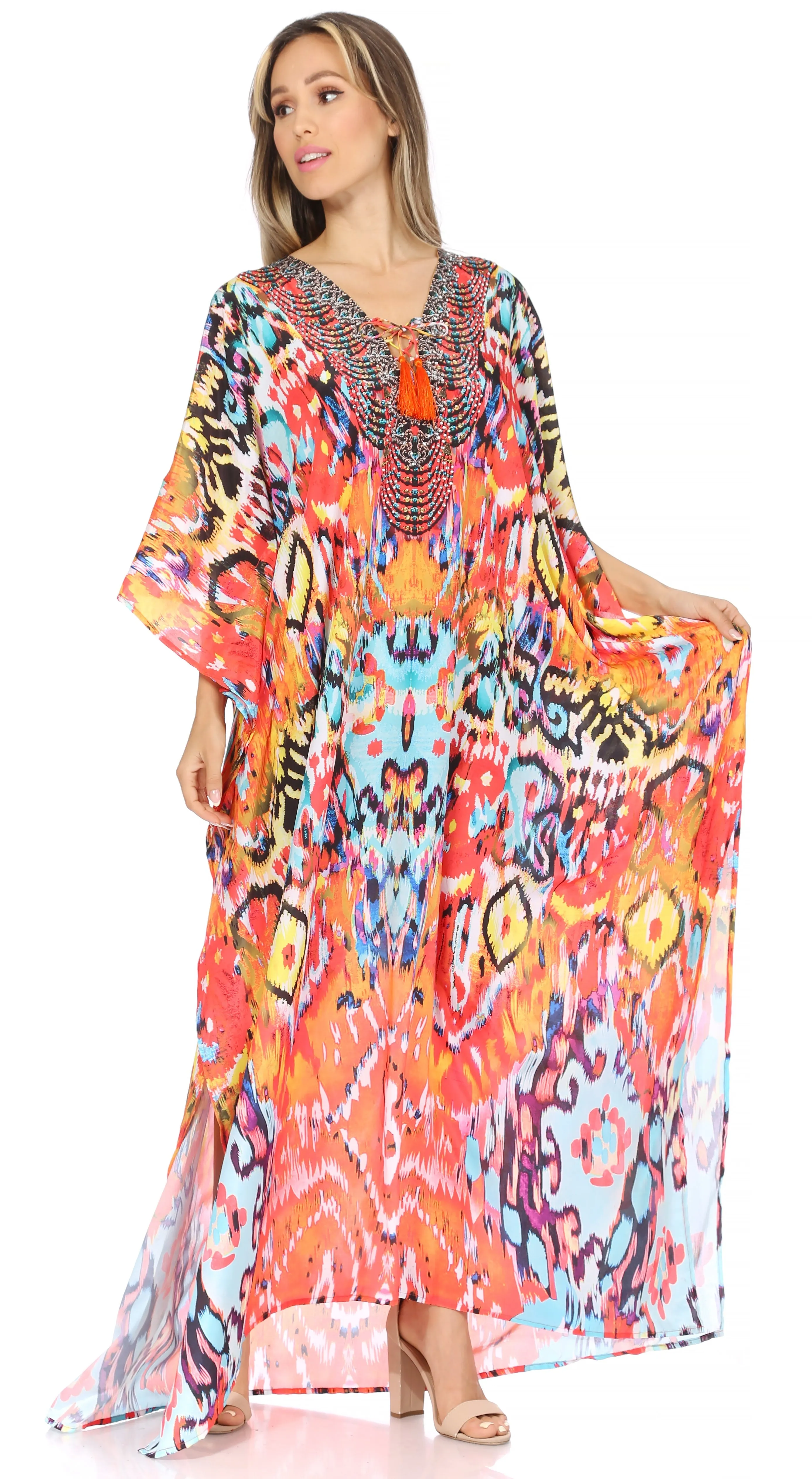 Sakkas Georgettina Flowy Rhinestone V Neck Long Caftan Dress/Cover Up