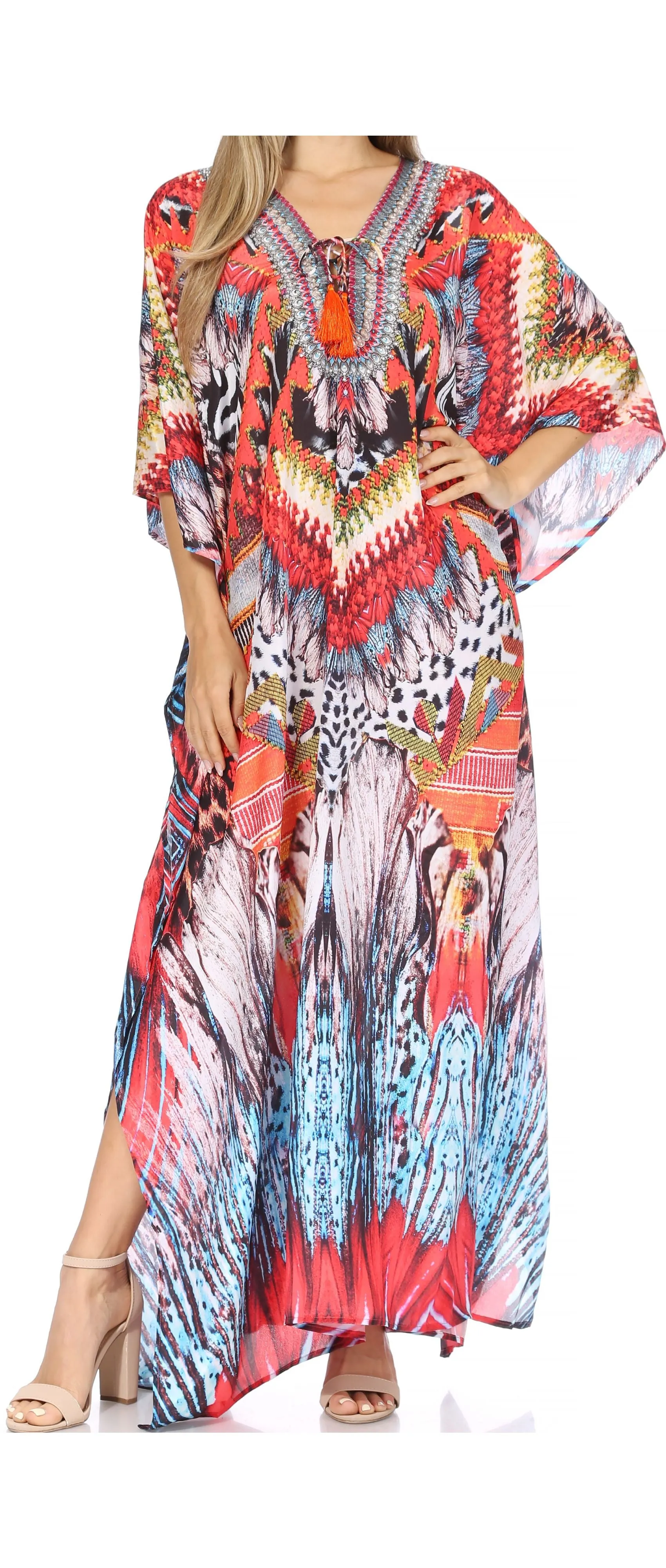 Sakkas Georgettina Flowy Rhinestone V Neck Long Caftan Dress/Cover Up