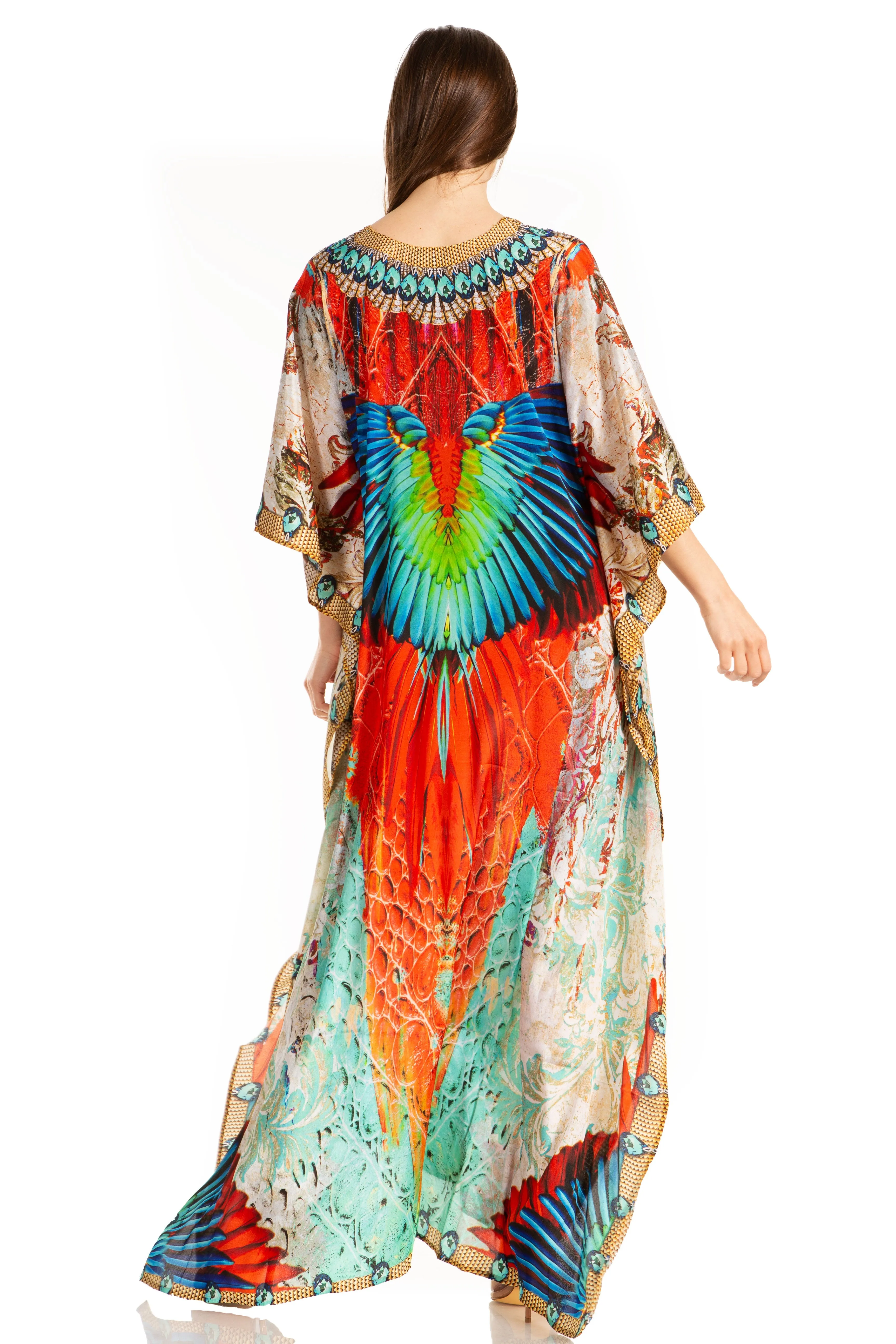 Sakkas Georgettina Flowy Rhinestone V Neck Long Caftan Dress/Cover Up