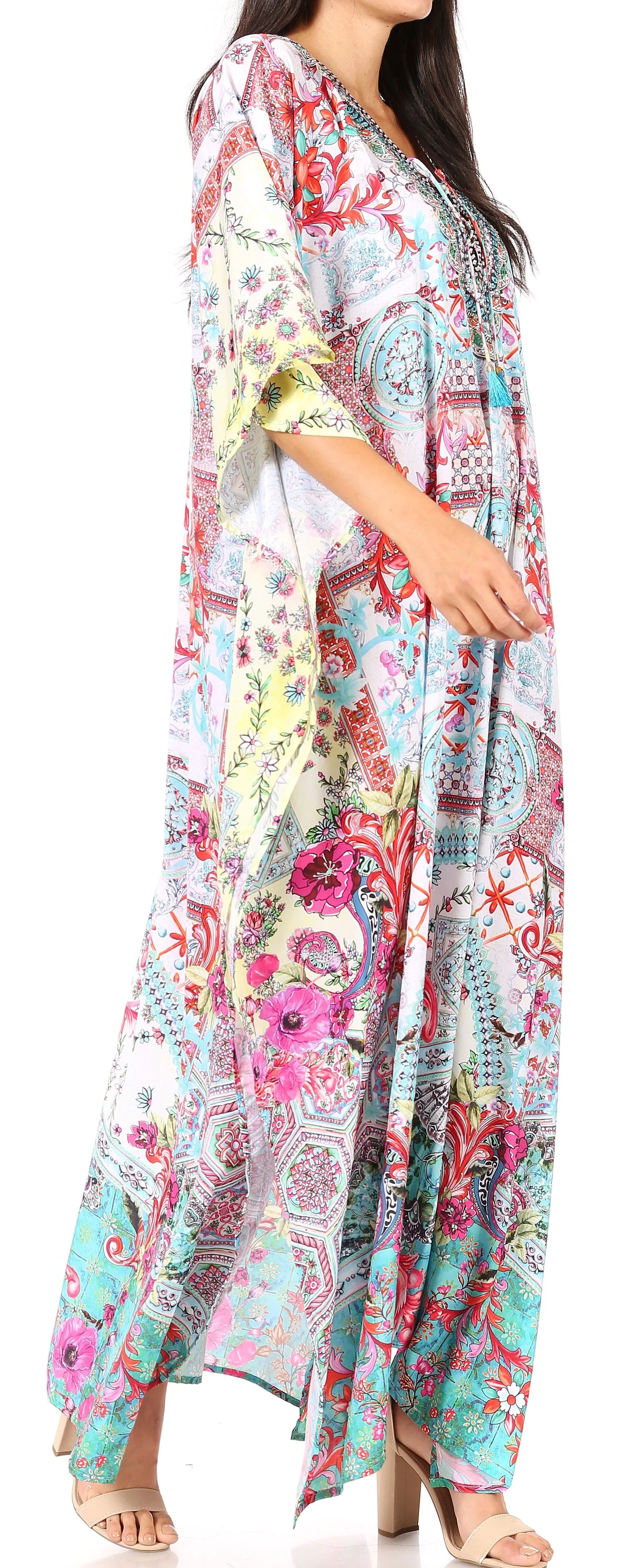 Sakkas Georgettina Flowy Rhinestone V Neck Long Caftan Dress/Cover Up