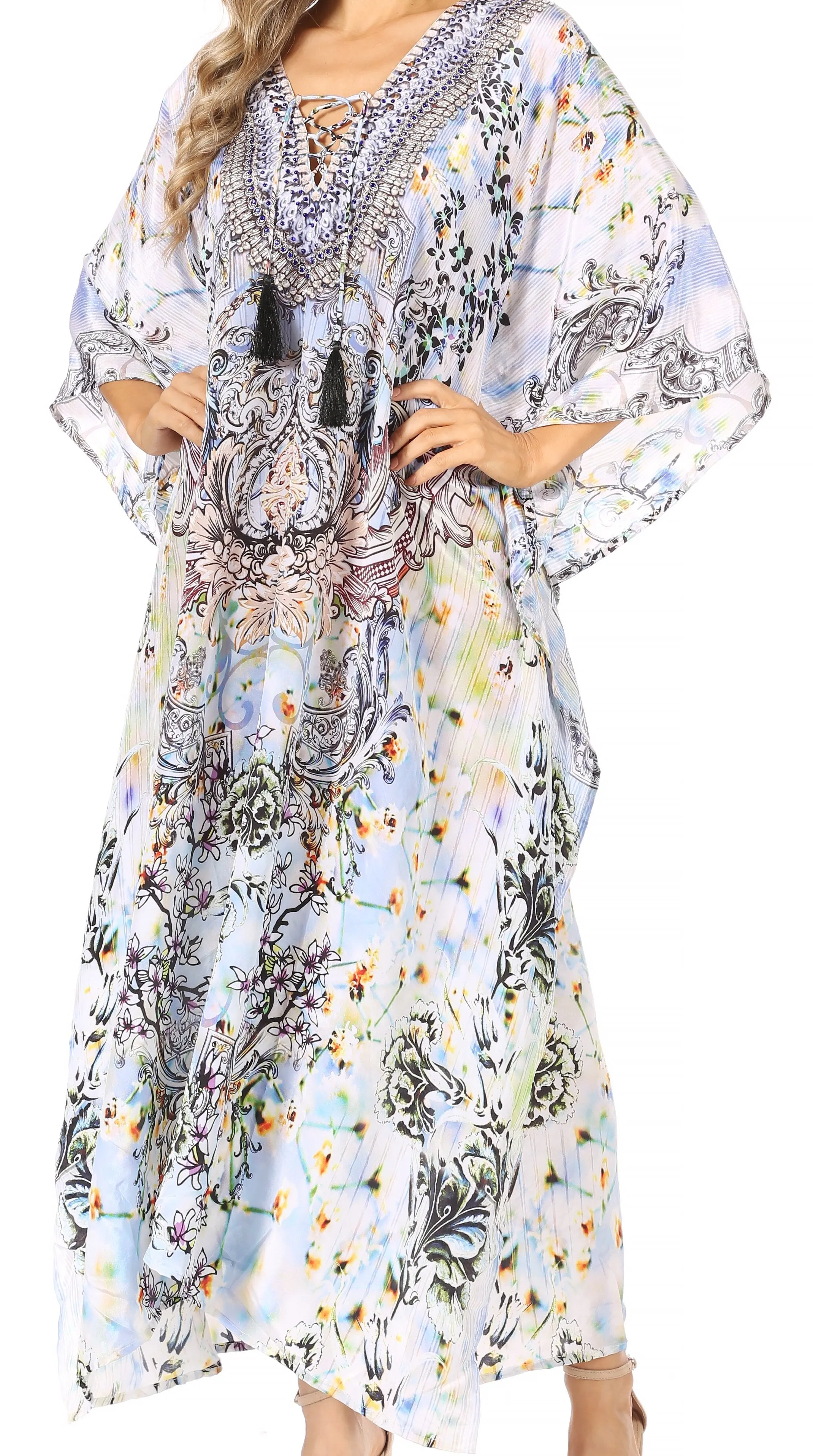 Sakkas Georgettina Flowy Rhinestone V Neck Long Caftan Dress/Cover Up