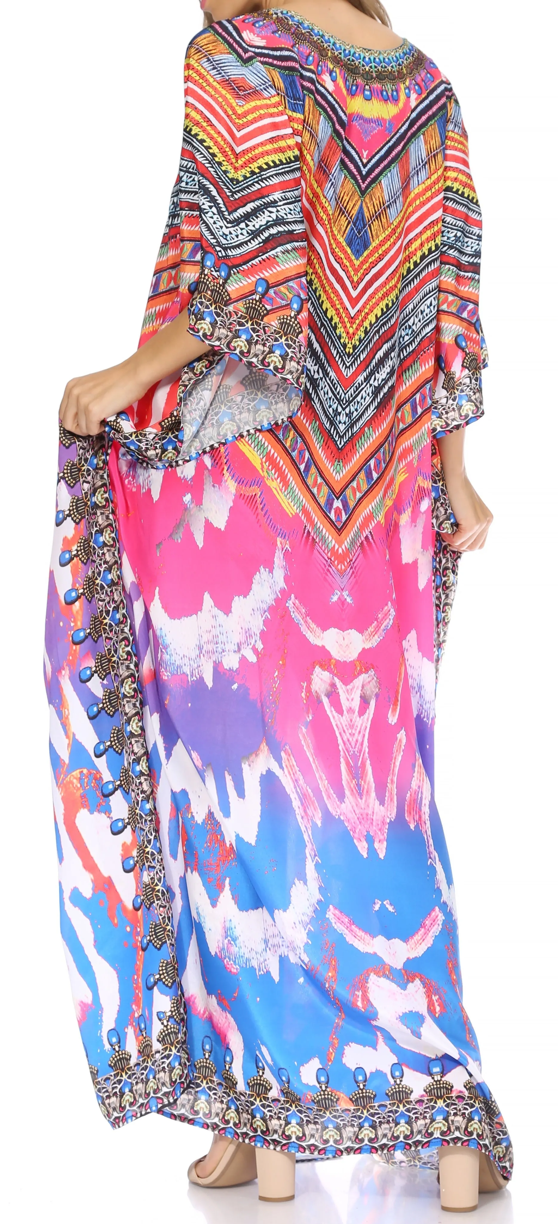 Sakkas Georgettina Flowy Rhinestone V Neck Long Caftan Dress/Cover Up