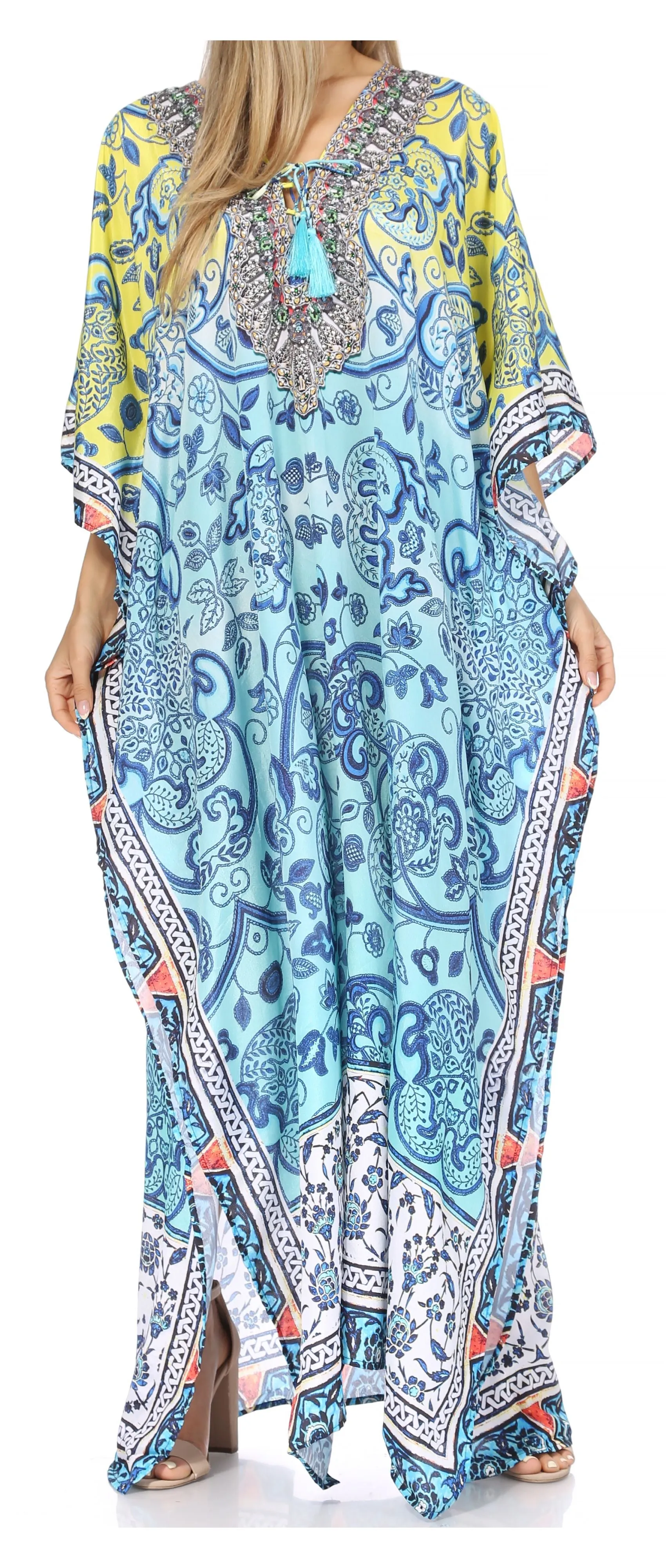 Sakkas Georgettina Flowy Rhinestone V Neck Long Caftan Dress/Cover Up