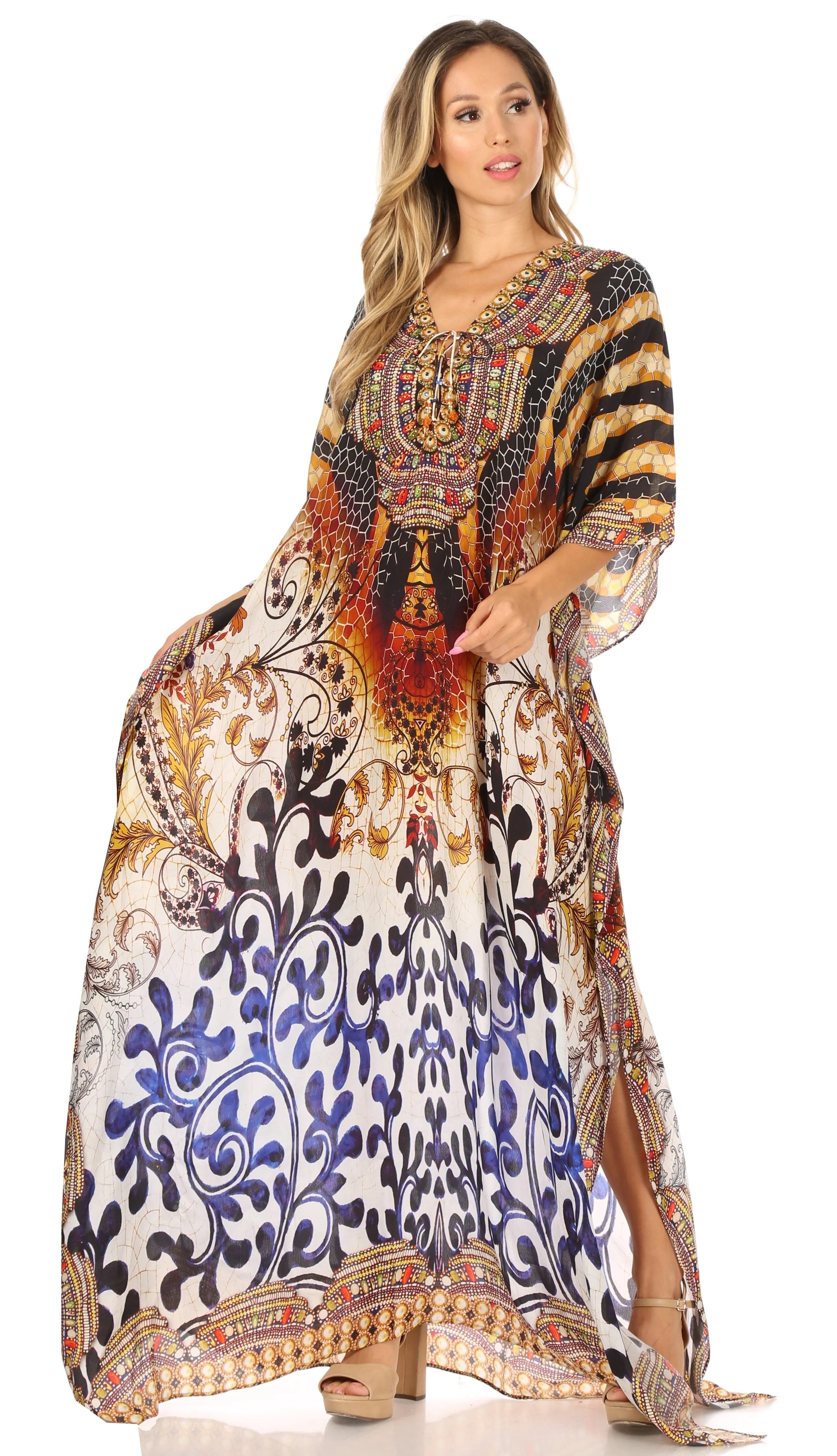 Sakkas Georgettina Flowy Rhinestone V Neck Long Caftan Dress/Cover Up