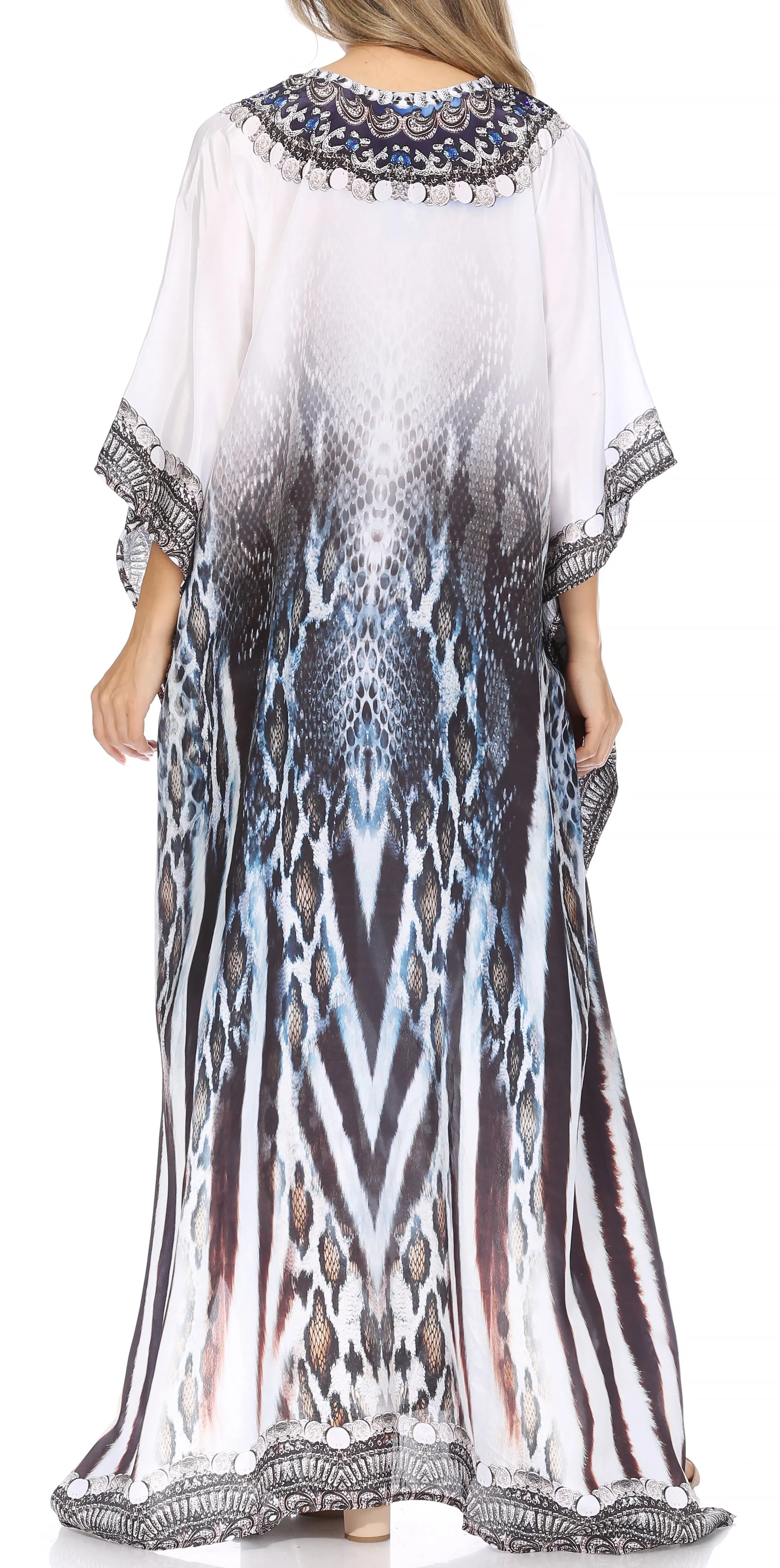 Sakkas Georgettina Flowy Rhinestone V Neck Long Caftan Dress/Cover Up