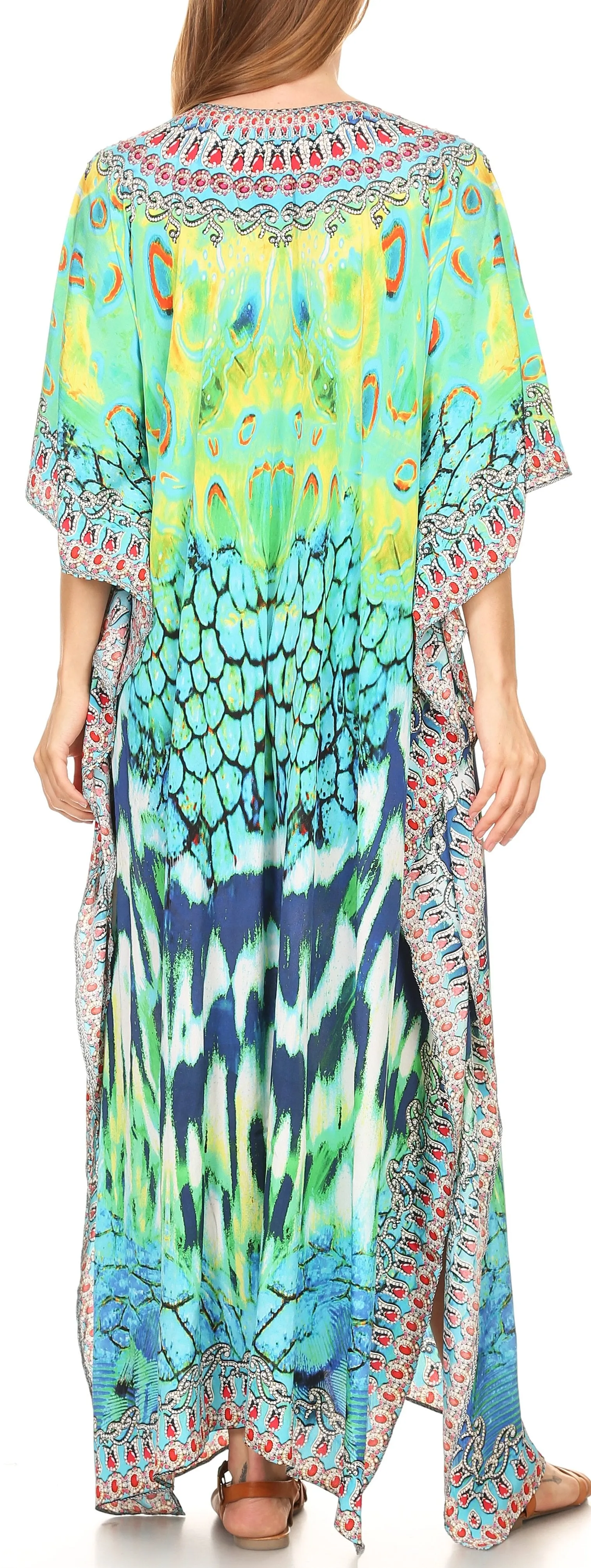 Sakkas Georgettina Flowy Rhinestone V Neck Long Caftan Dress/Cover Up