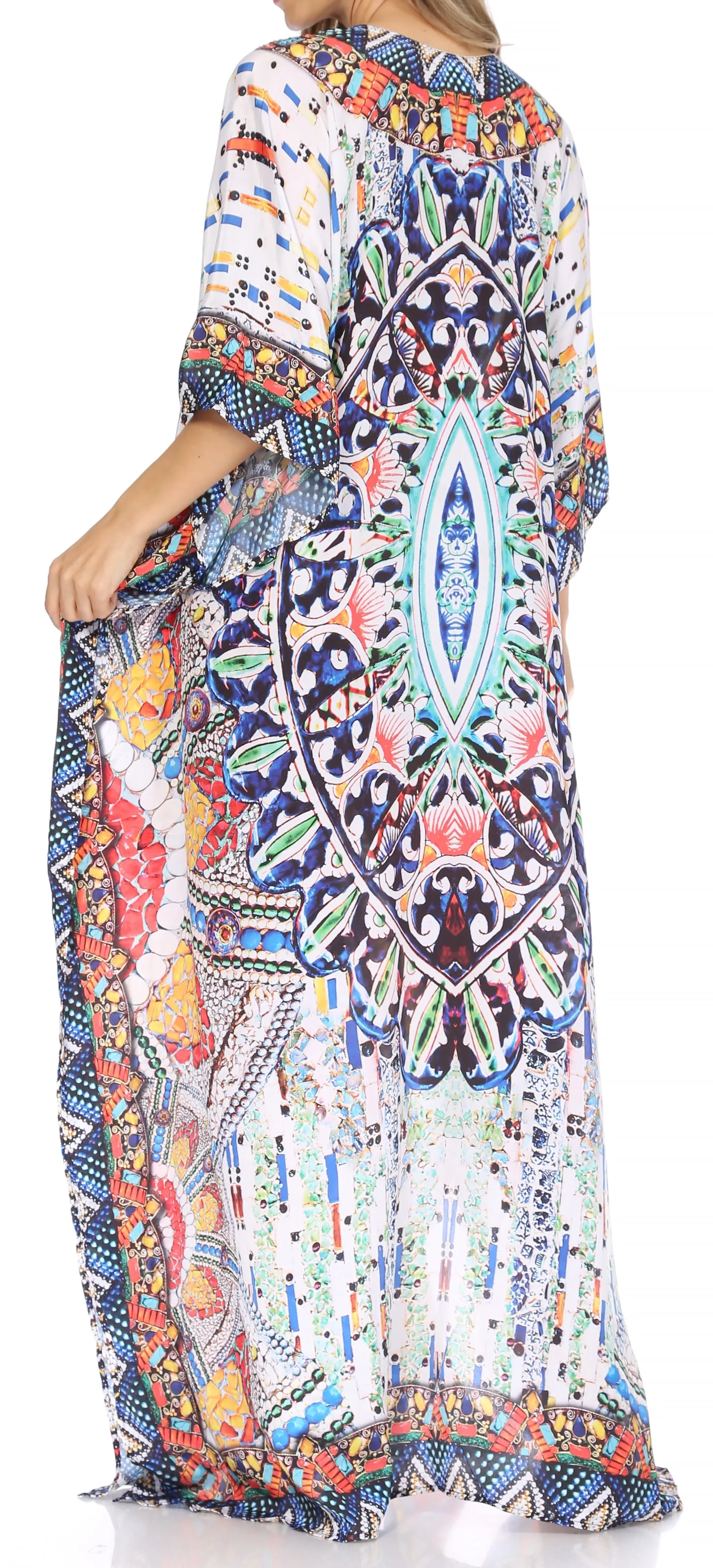 Sakkas Georgettina Flowy Rhinestone V Neck Long Caftan Dress/Cover Up