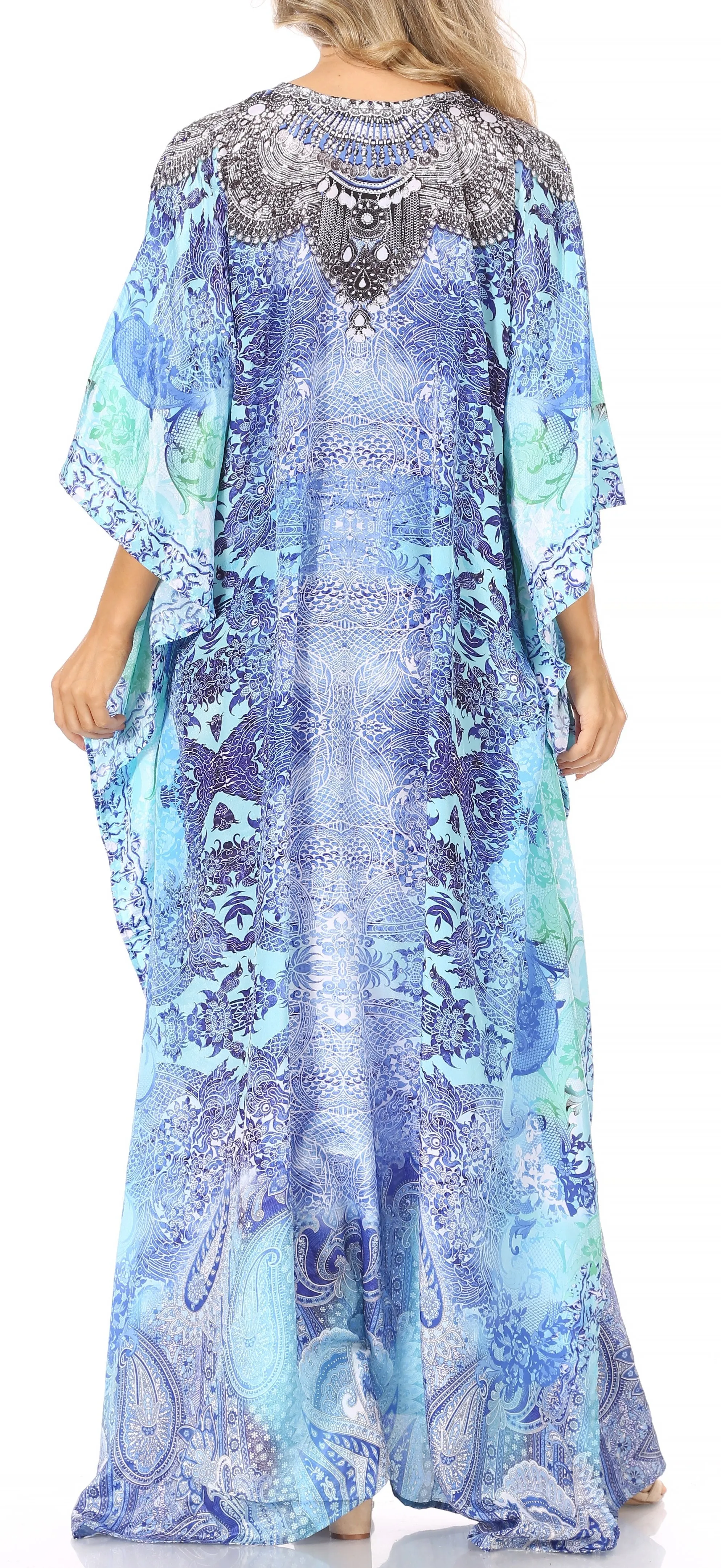 Sakkas Georgettina Flowy Rhinestone V Neck Long Caftan Dress/Cover Up