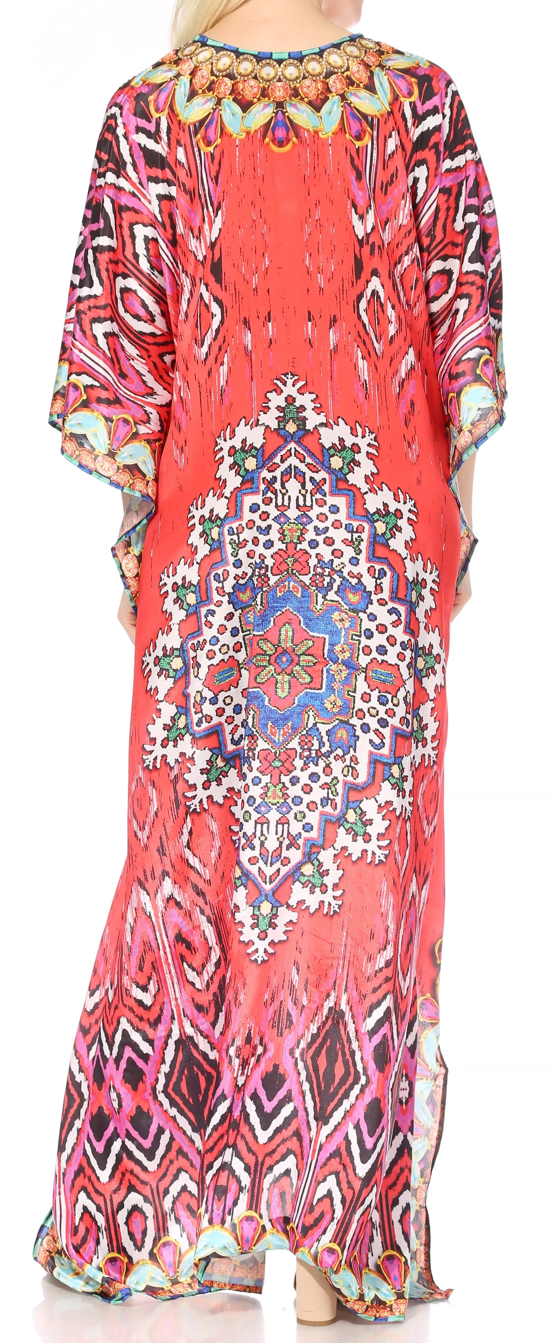 Sakkas Georgettina Flowy Rhinestone V Neck Long Caftan Dress/Cover Up