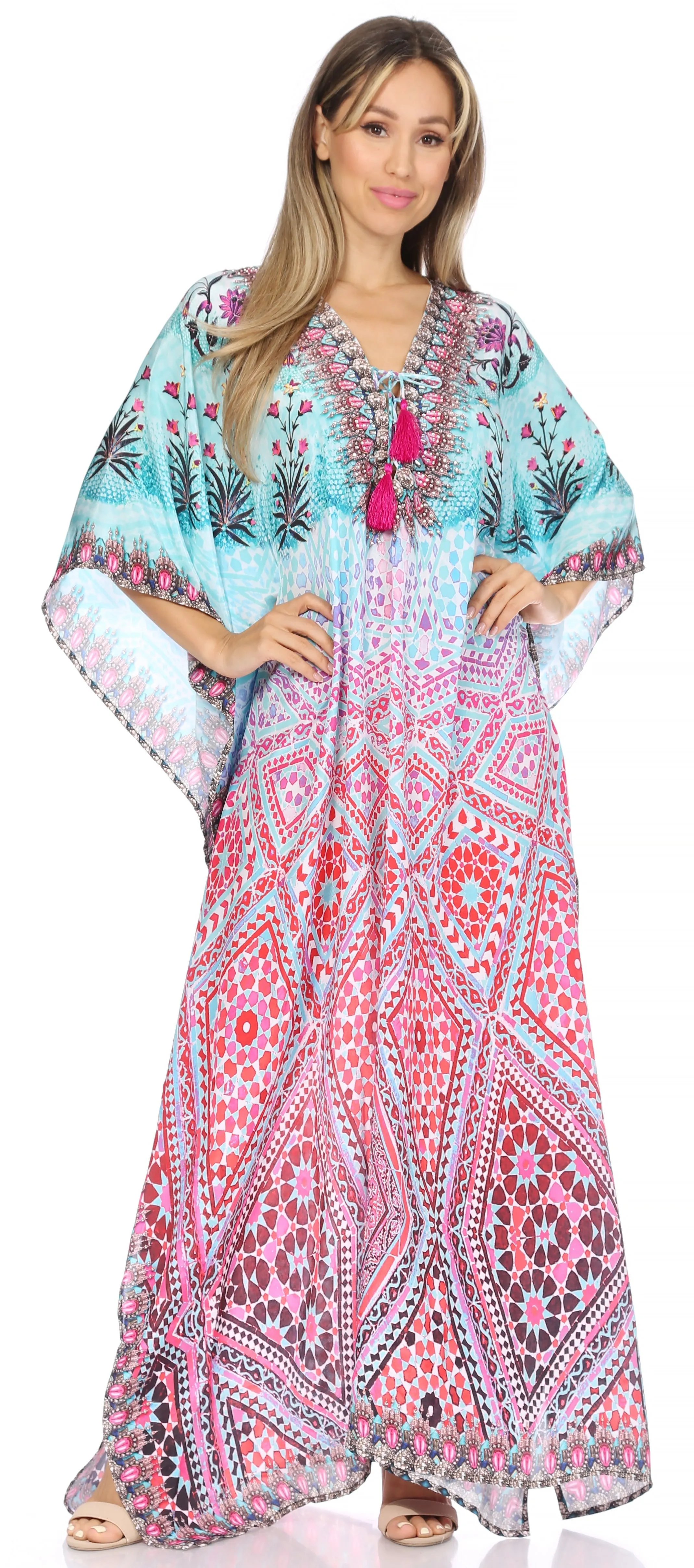 Sakkas Georgettina Flowy Rhinestone V Neck Long Caftan Dress/Cover Up