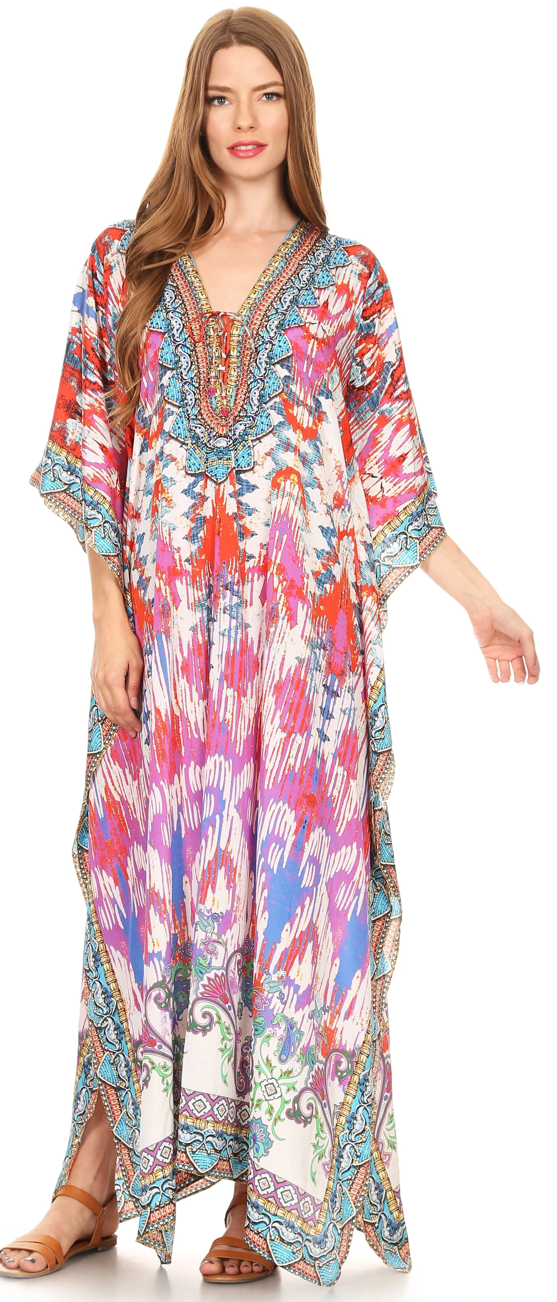 Sakkas Georgettina Flowy Rhinestone V Neck Long Caftan Dress/Cover Up