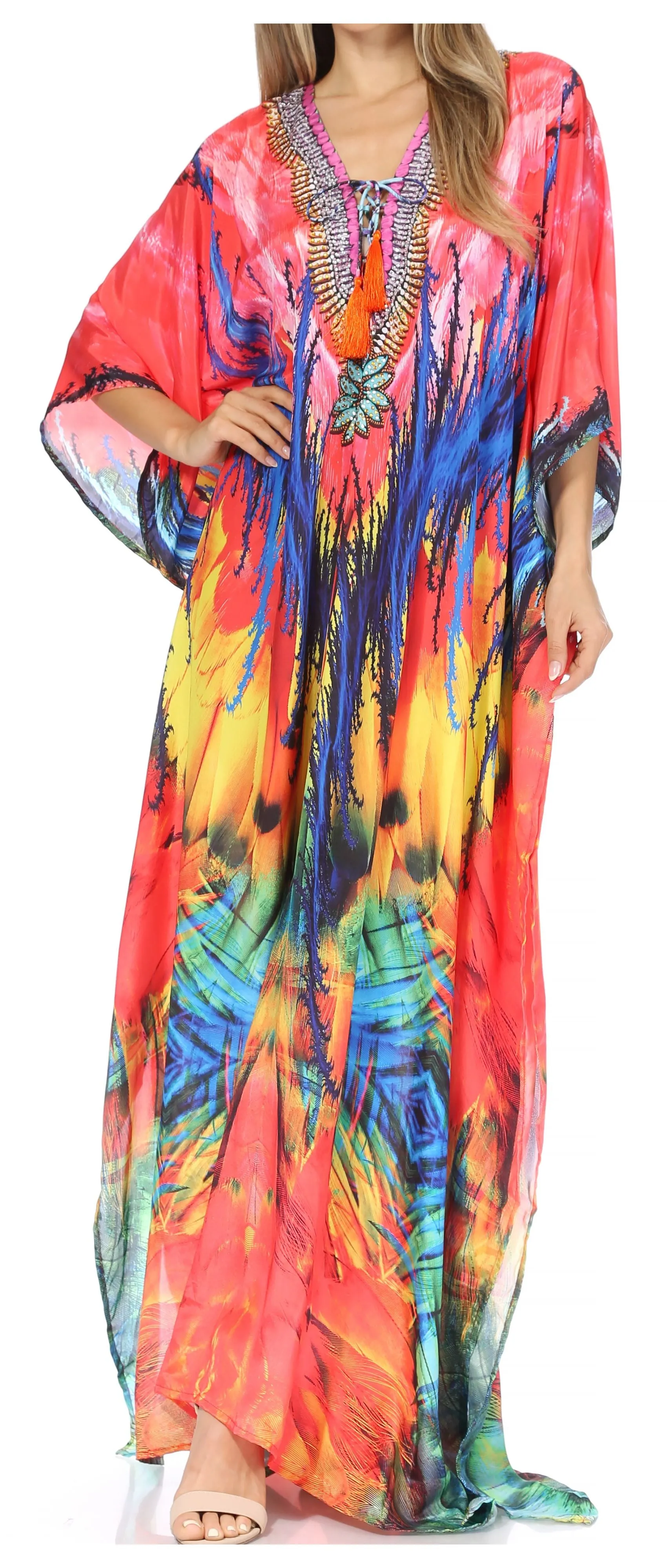 Sakkas Georgettina Flowy Rhinestone V Neck Long Caftan Dress/Cover Up