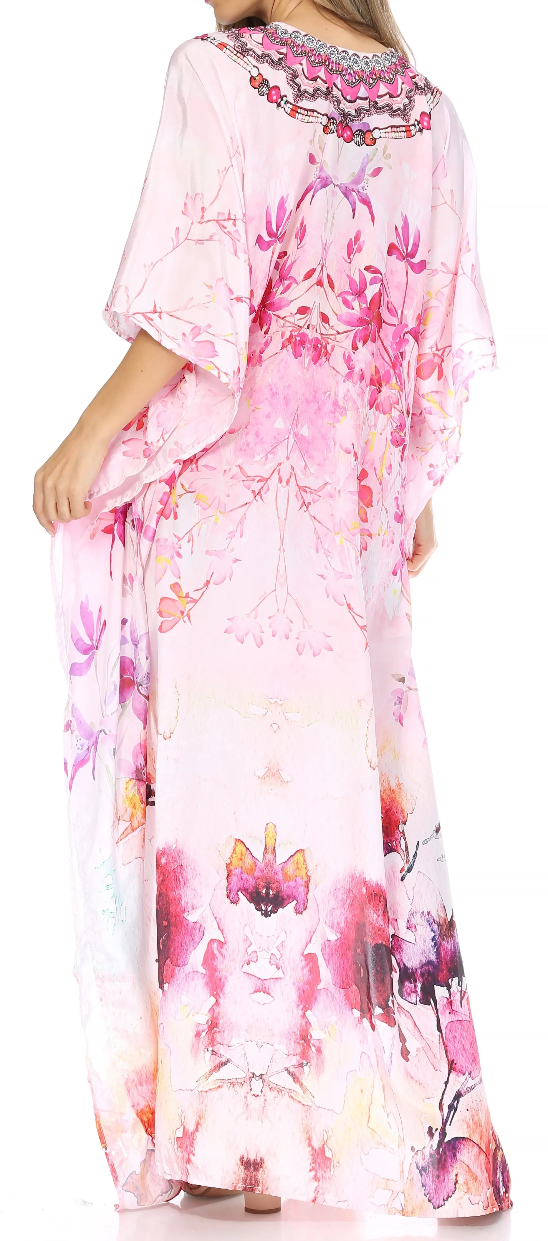 Sakkas Georgettina Flowy Rhinestone V Neck Long Caftan Dress/Cover Up