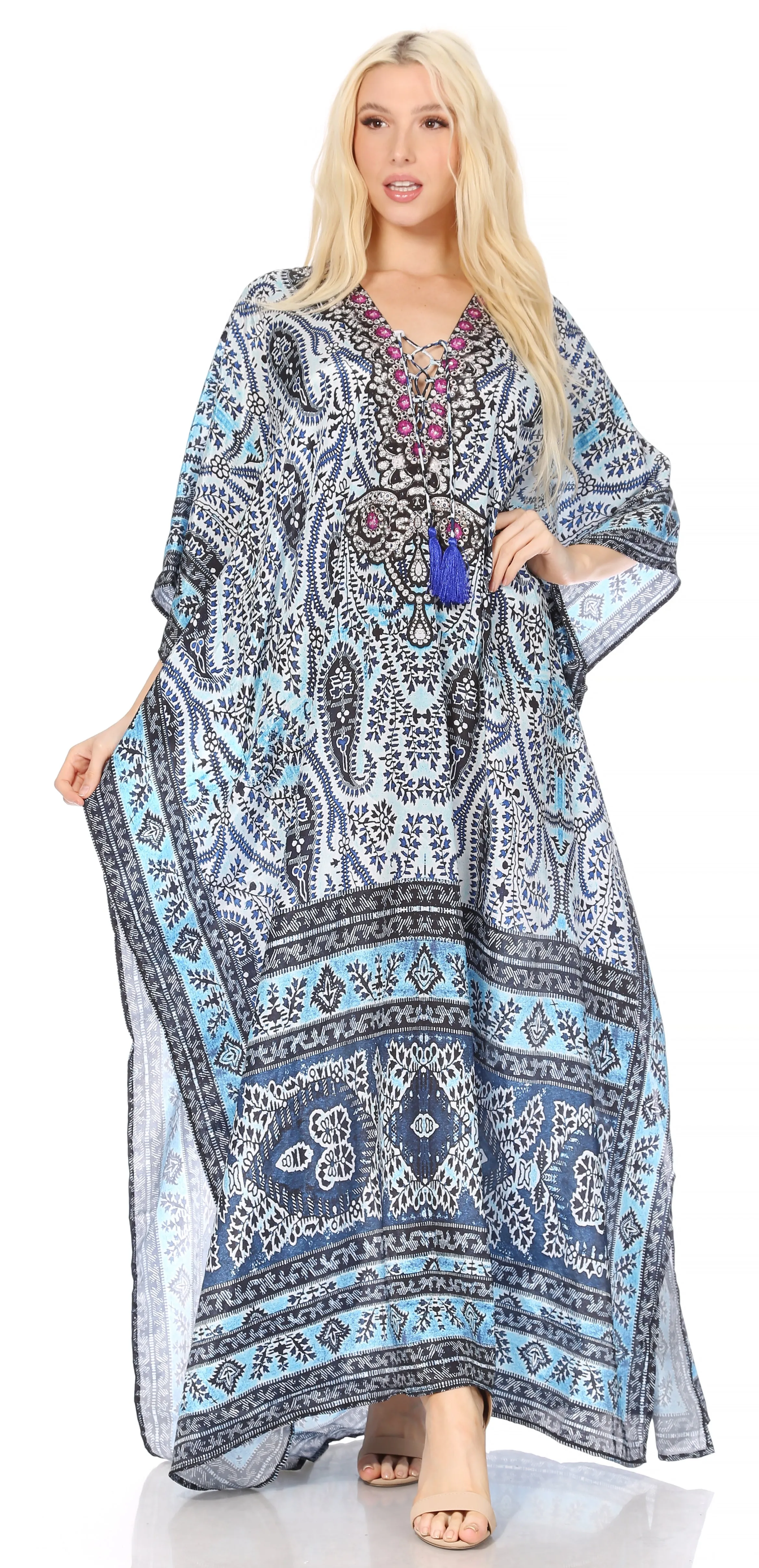 Sakkas Georgettina Flowy Rhinestone V Neck Long Caftan Dress/Cover Up