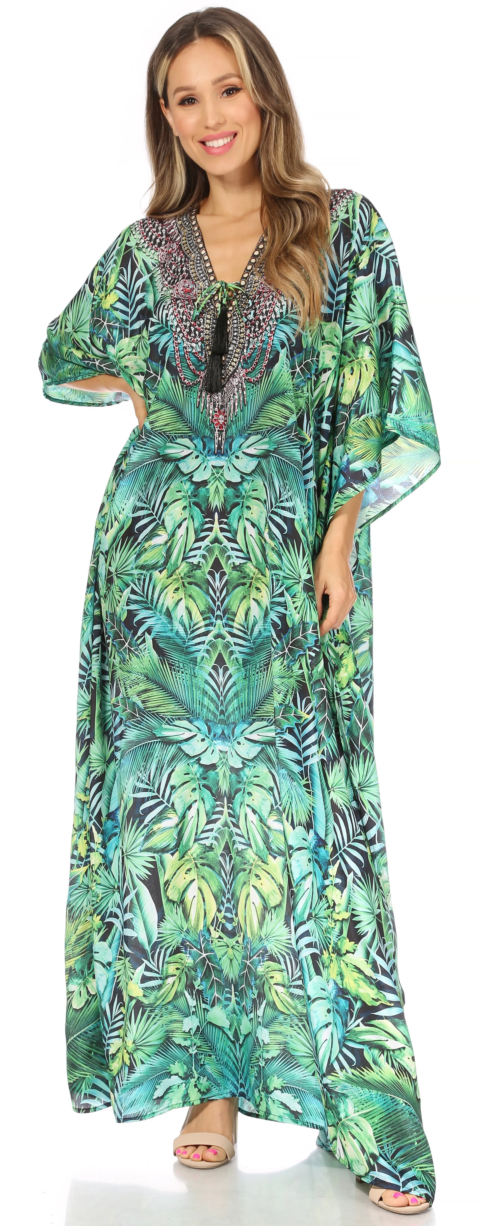 Sakkas Georgettina Flowy Rhinestone V Neck Long Caftan Dress/Cover Up